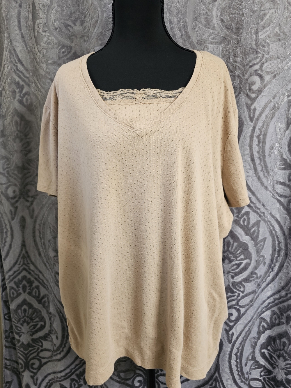 Northcrest Beige Scoop Neck Short Sleeve Top with Lace Trim